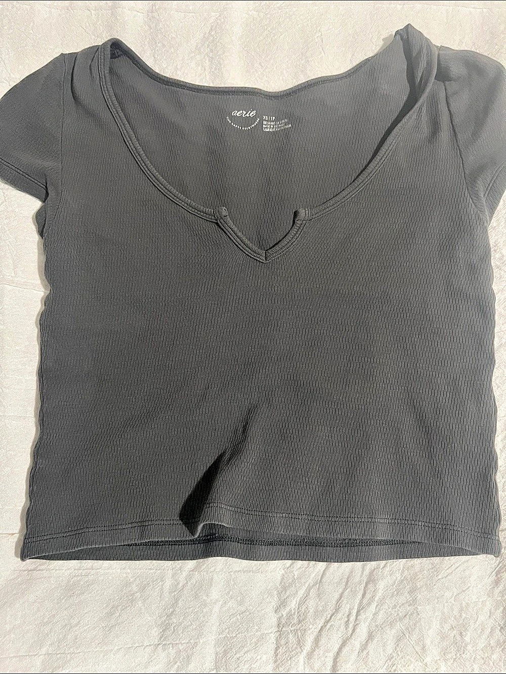 Aerie Short Sleeve Ribbed Top in Gray Size XS